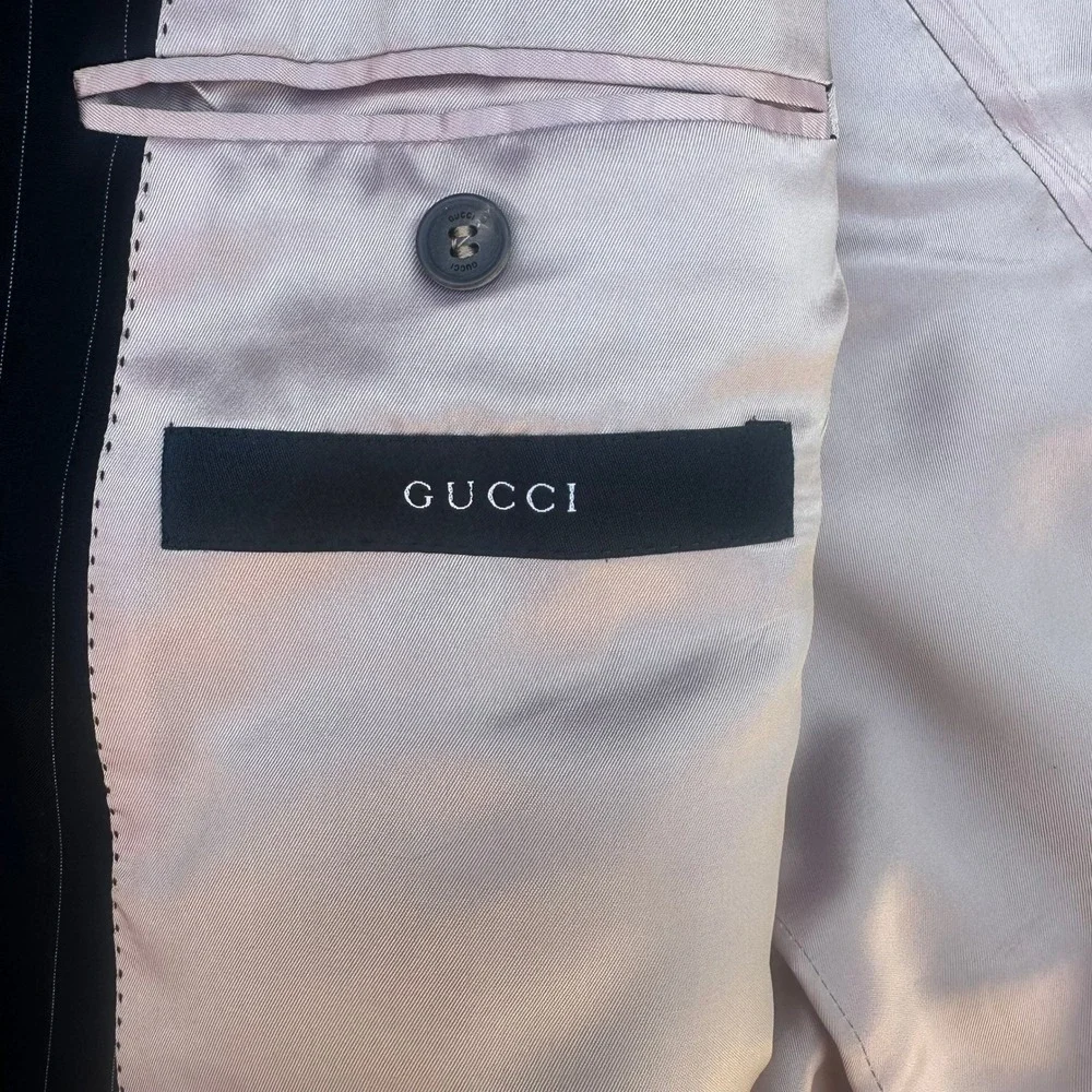 Gucci Men's Pinstripe Double Breasted Suit Black Wool Blend Jacket Pants 52R